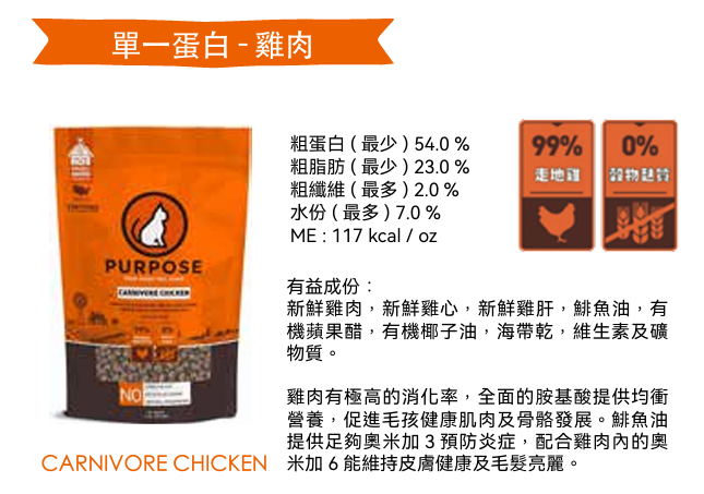 Purpose-普斯（肉粒）單一蛋白 - 雞肉 凍乾生肉主糧 (全貓用) 9oz