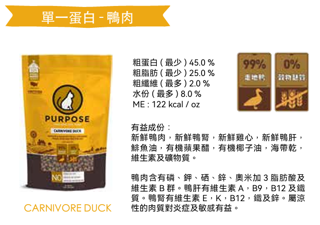 Purpose-普斯（肉粒）單一蛋白 - 鴨肉 凍乾生肉主糧 (全貓用) 9oz