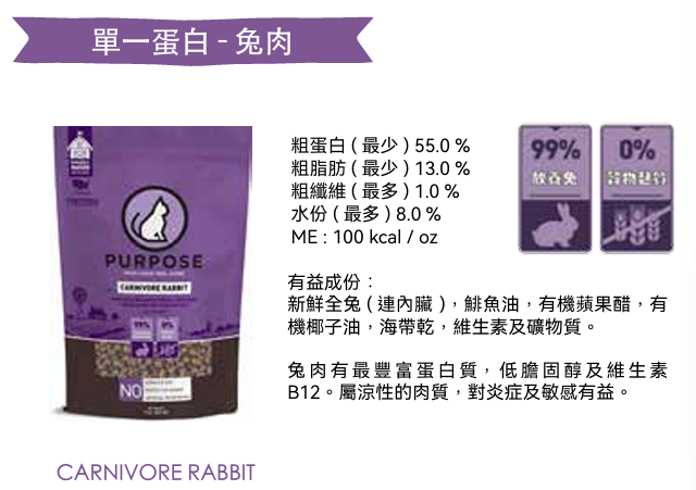 Purpose-普斯（肉粒） 單一蛋白 - 兔肉 凍乾生肉主糧 (全貓用) 9oz