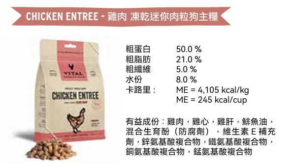 Vital Essentials 凍乾生肉主食 - 鷄肉 (迷你粒) 狗糧 5.5oz / 14oz / 25oz