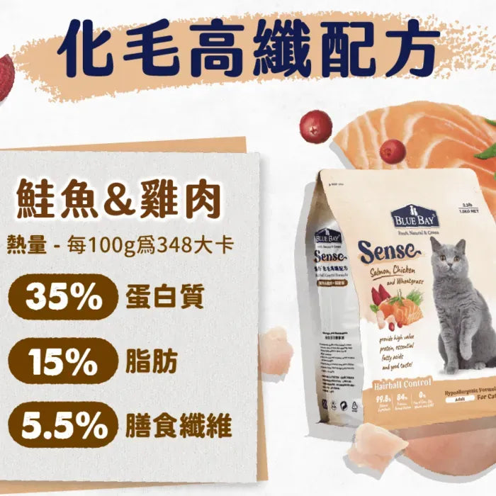 Blue Bay Sense 雞肉&鮭魚+貓麥草 (化毛高纖配方)低敏全貓糧 1.5kg / 6kg / 13.6kg