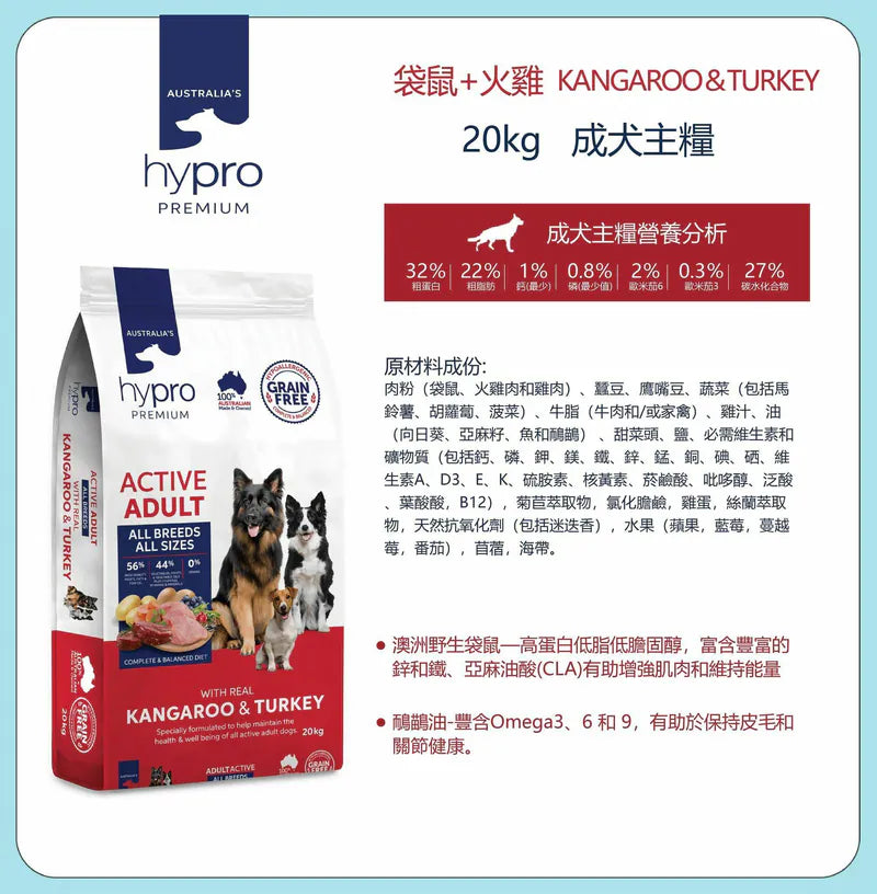Hypro Premium袋鼠火雞成犬糧 20kg