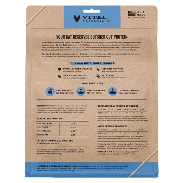 Vital Essentials 凍乾脫水生肉主食 - 牛肉鷄肉 (軟肉粒) 貓糧 12oz
